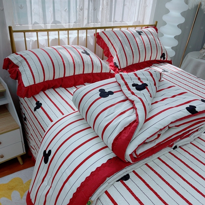 91家纺网 家纺一手货源 找家纺 暖居 2024新款春秋被床盖四件套高温砂洗棉花床盖三件套 酒红米奇