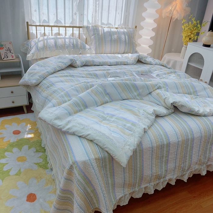 91家纺网 家纺一手货源 找家纺 暖居 2024新款春秋被床盖四件套高温砂洗棉花床盖三件套 条纹黄