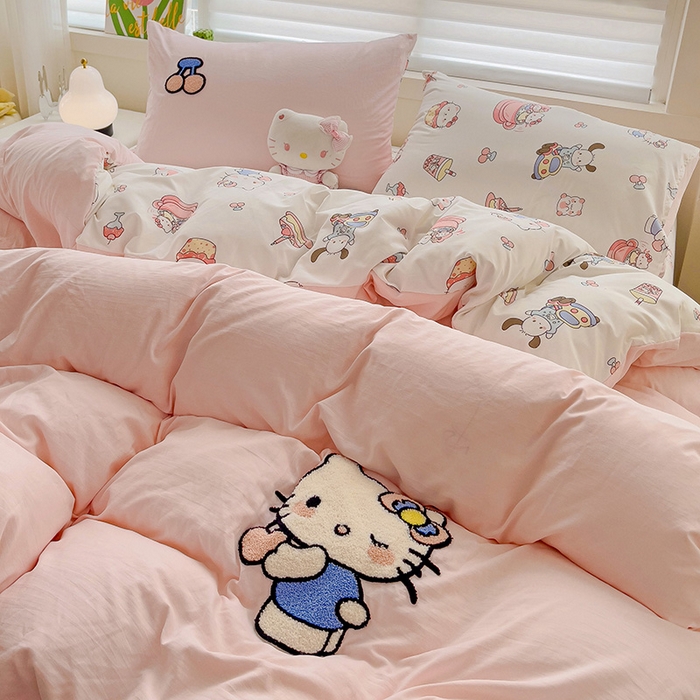 91家纺网 家纺一手货源 找家纺 一霖家纺 2024新款高克重云朵棉毛巾绣印＋绣小清新系列四件套 蛋糕小猫