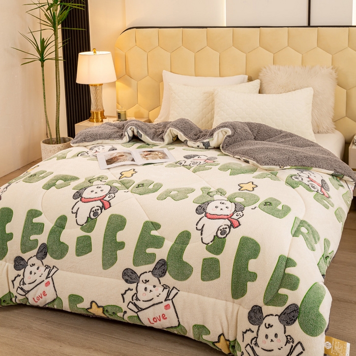 91家纺网 家纺一手货源 找家纺 2025新款直播雪花绒冬被法莱绒羊羔绒牛奶绒被子被芯 字母小狗