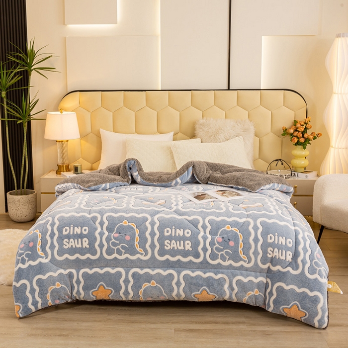 91家纺网 家纺一手货源 找家纺 2025新款直播雪花绒冬被法莱绒羊羔绒牛奶绒被子被芯 恐龙宝贝