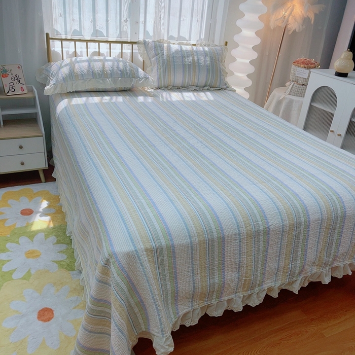 91家纺网 家纺一手货源 找家纺 暖居 2024新款春秋被床盖四件套高温砂洗棉花床盖三件套 条纹黄
