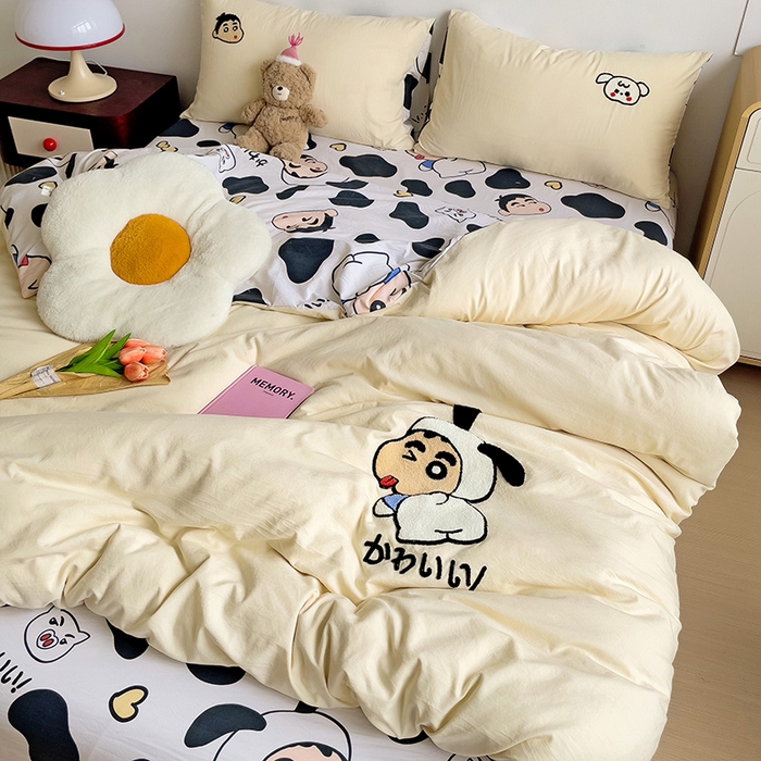 91家纺网 家纺一手货源 找家纺 一霖家纺 2024新款高克重云朵棉毛巾绣印＋绣小清新系列四件套 蜡笔新新