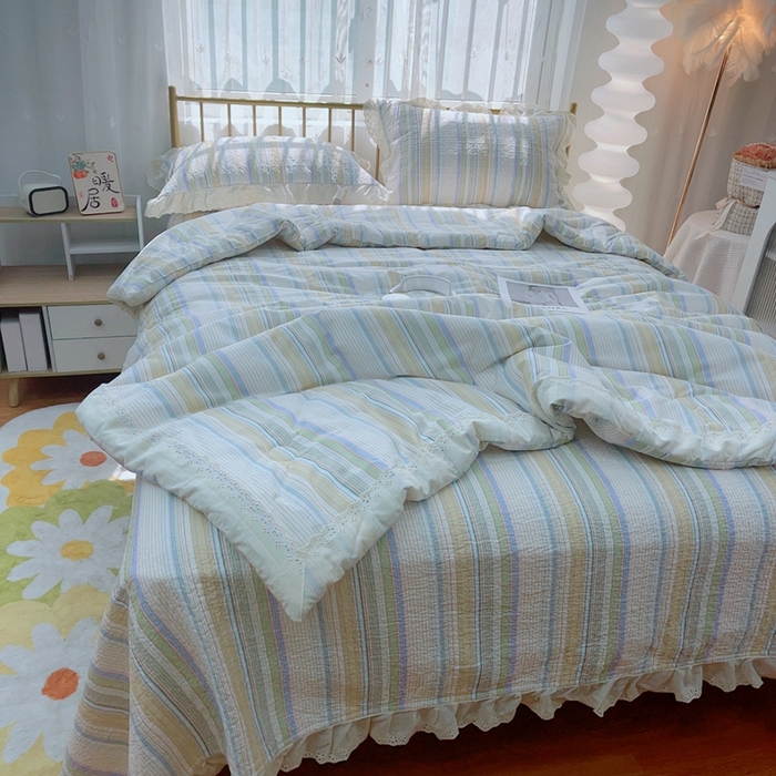 91家纺网 家纺一手货源 找家纺 暖居 2024新款春秋被床盖四件套高温砂洗棉花床盖三件套 条纹黄