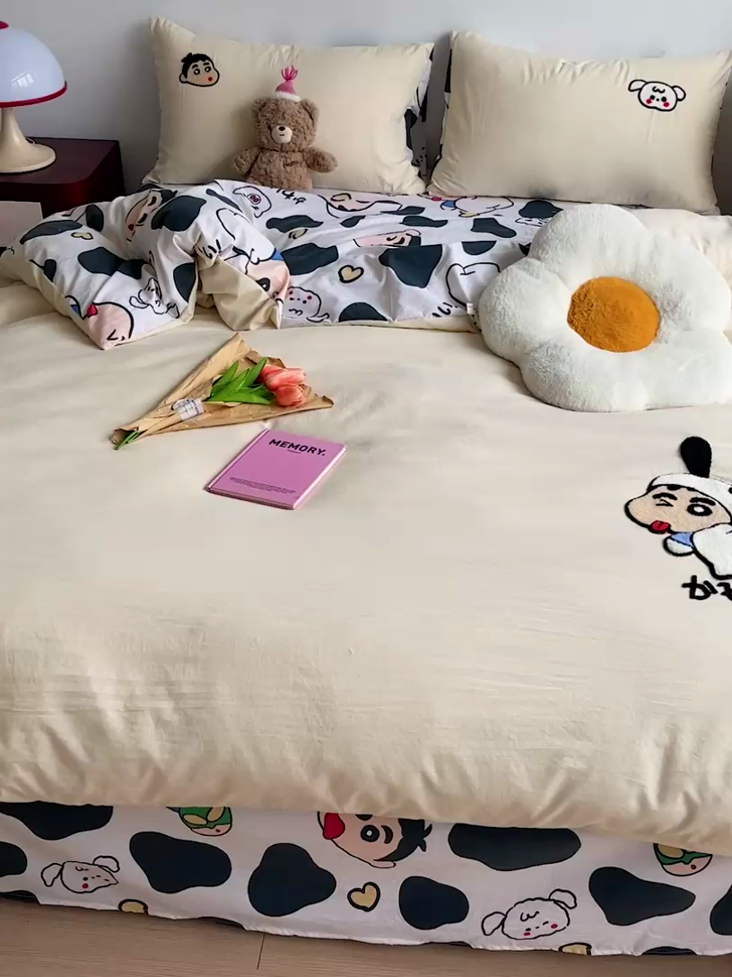 91家纺网 家纺一手货源 找家纺 一霖家纺 2024新款高克重云朵棉毛巾绣印＋绣小清新系列四件套 蜡笔新新