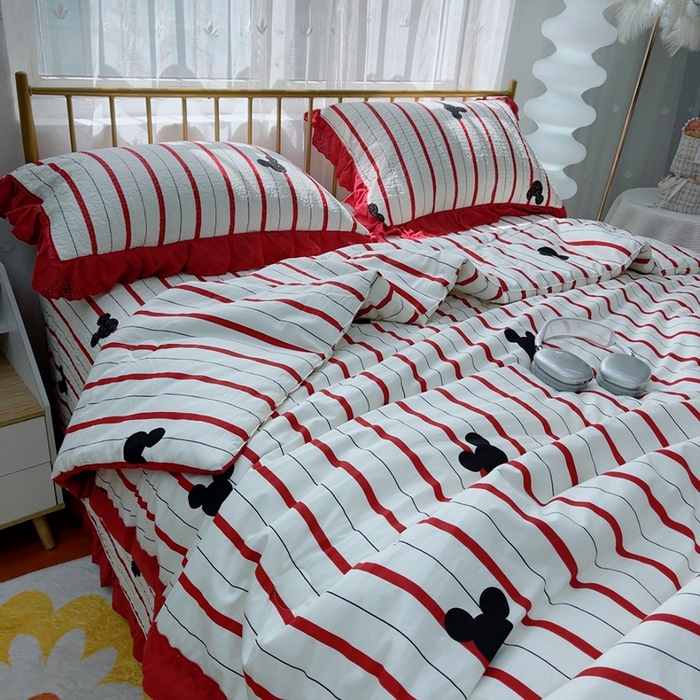 91家纺网 家纺一手货源 找家纺 暖居 2024新款春秋被床盖四件套高温砂洗棉花床盖三件套 酒红米奇