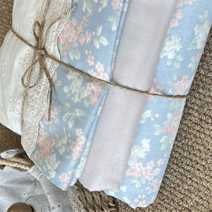91家纺网 家纺一手货源 找家纺 2024新款全棉印花双层纱四件套--蕾丝花边款繁园-蓝