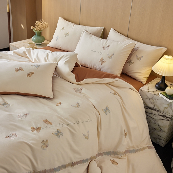 91家纺网 家纺一手货源 找家纺 2024新款60s全棉磨毛蝴蝶绣花四件套 蝴蝶-奶芙咖