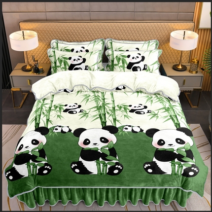 91家纺网 家纺一手货源 找家纺 雅芝蓝 2025新款8-9斤高克重印花牛奶绒四件套保暖绒套件直播爆款 熊猫抱竹