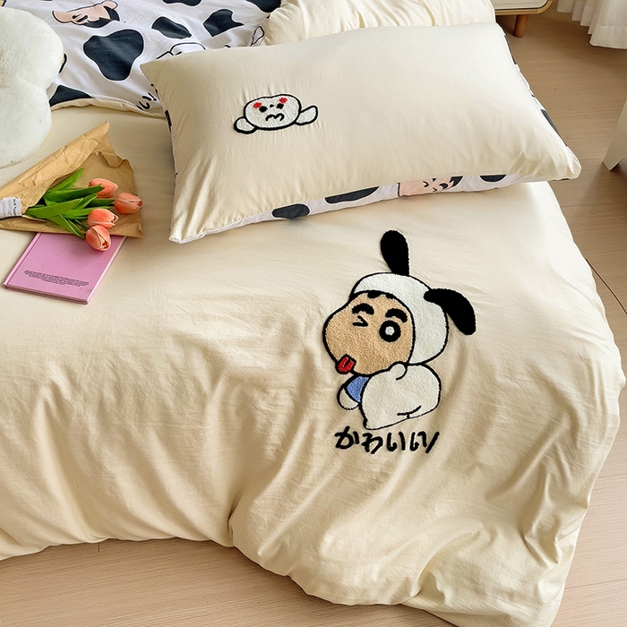 91家纺网 家纺一手货源 找家纺 一霖家纺 2024新款高克重云朵棉毛巾绣印＋绣小清新系列四件套 蜡笔新新