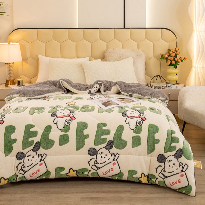 91家纺网 家纺一手货源 找家纺 2025新款直播雪花绒冬被法莱绒羊羔绒牛奶绒被子被芯 字母小狗