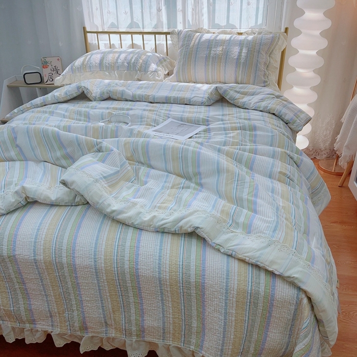 91家纺网 家纺一手货源 找家纺 暖居 2024新款春秋被床盖四件套高温砂洗棉花床盖三件套 条纹黄