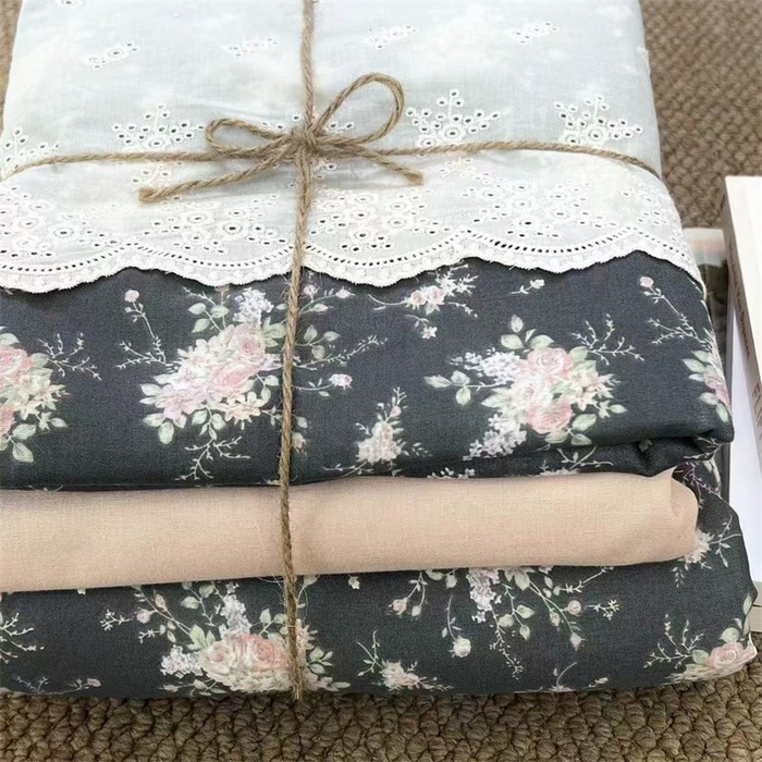 91家纺网 家纺一手货源 找家纺 2024新款全棉印花双层纱四件套--蕾丝花边款繁花