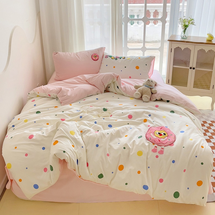 91家纺网 家纺一手货源 找家纺 一霖家纺 2024新款高克重云朵棉毛巾绣印＋绣小清新系列四件套 波点甜甜圈