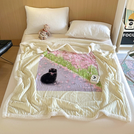 91家纺网 家纺一手货源 找家纺 山茶家纺 2024新款多功能羊羔绒双层大版牛奶绒盖毯 盖毯-猫猫抬头