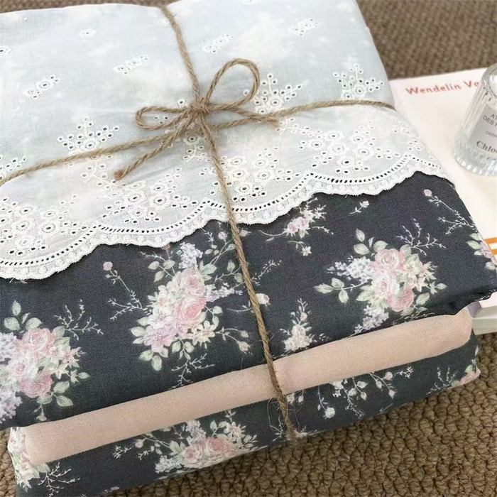 91家纺网 家纺一手货源 找家纺 2024新款全棉印花双层纱四件套--蕾丝花边款繁花