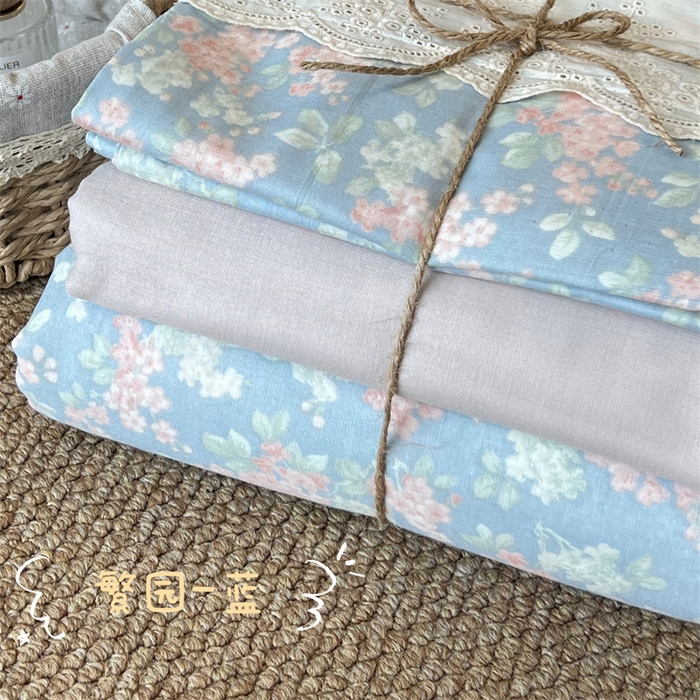 91家纺网 家纺一手货源 找家纺 2024新款全棉印花双层纱四件套--蕾丝花边款繁园-蓝