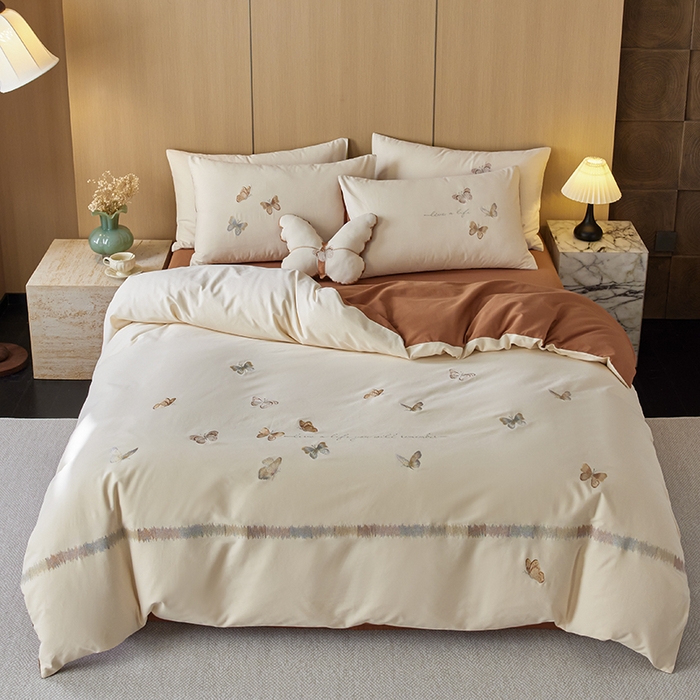 91家纺网 家纺一手货源 找家纺 2024新款60s全棉磨毛蝴蝶绣花四件套 蝴蝶-奶芙咖