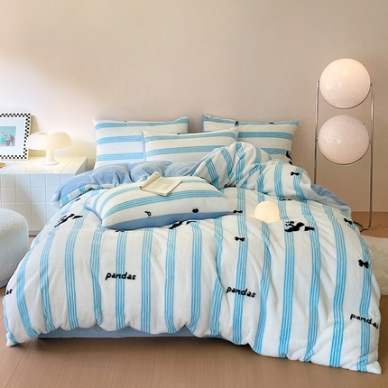 安哆啦家纺 2024新款ins风高克重兔毛绒四件套 条纹熊猫