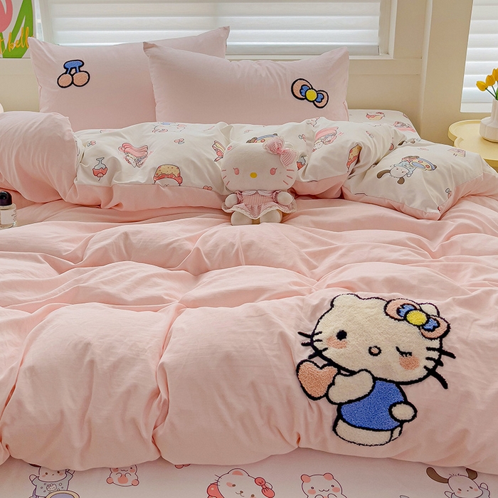 91家纺网 家纺一手货源 找家纺 一霖家纺 2024新款高克重云朵棉毛巾绣印＋绣小清新系列四件套 蛋糕小猫