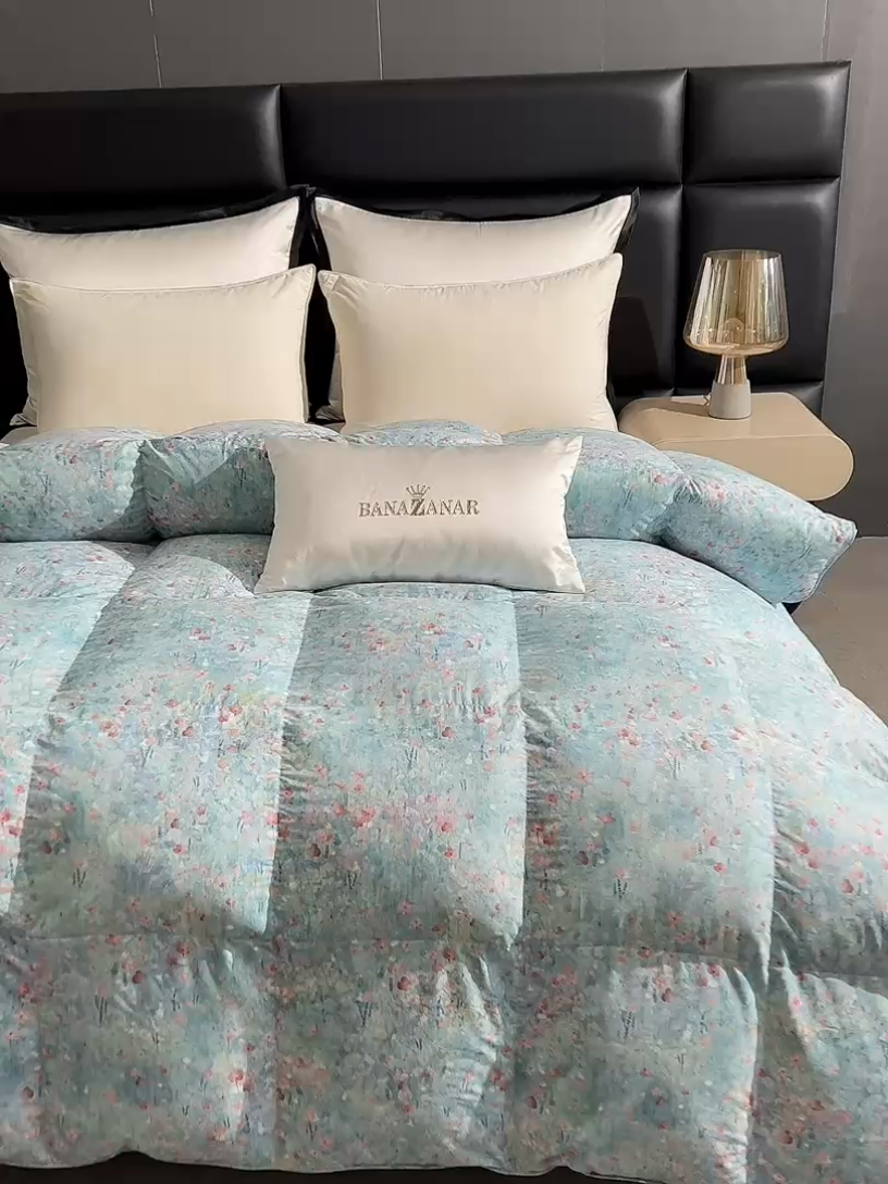 91家纺网 家纺一手货源 找家纺 静若居羽绒被壳 2024羽绒被壳印花糯棉静音软糯面料羽绒被壳厂家直销 小碎花清新绿