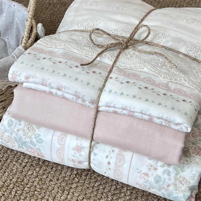 91家纺网 家纺一手货源 找家纺 2024新款全棉印花双层纱四件套--蕾丝花边款凡尔赛