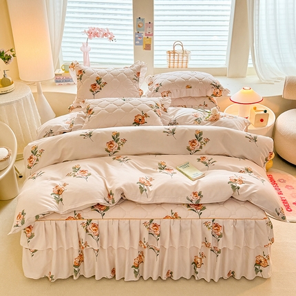 91家纺网 家纺一手货源 找家纺 2024新款芦荟棉双层边夹棉床裙四件套 锦绣