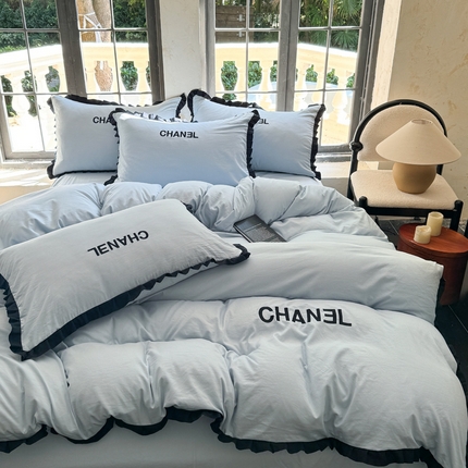 91家纺网 家纺一手货源 找家纺 一比一家纺 2024新款韩版花边刺绣款四件套 蓝色