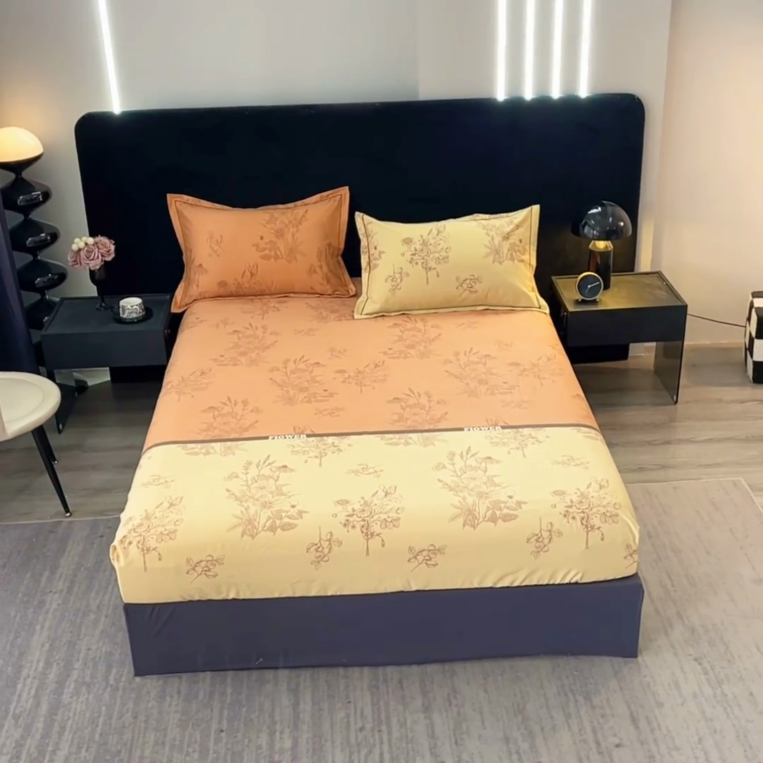 91家纺网 家纺一手货源 找家纺 贝兰仙奴 2024新款亲肤舒适全棉磨毛多规格系列单床笠 绿风铃桔