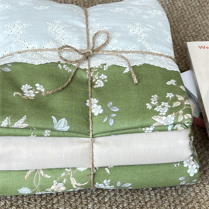 91家纺网 家纺一手货源 找家纺 2024新款全棉印花双层纱四件套--蕾丝花边款 观棠