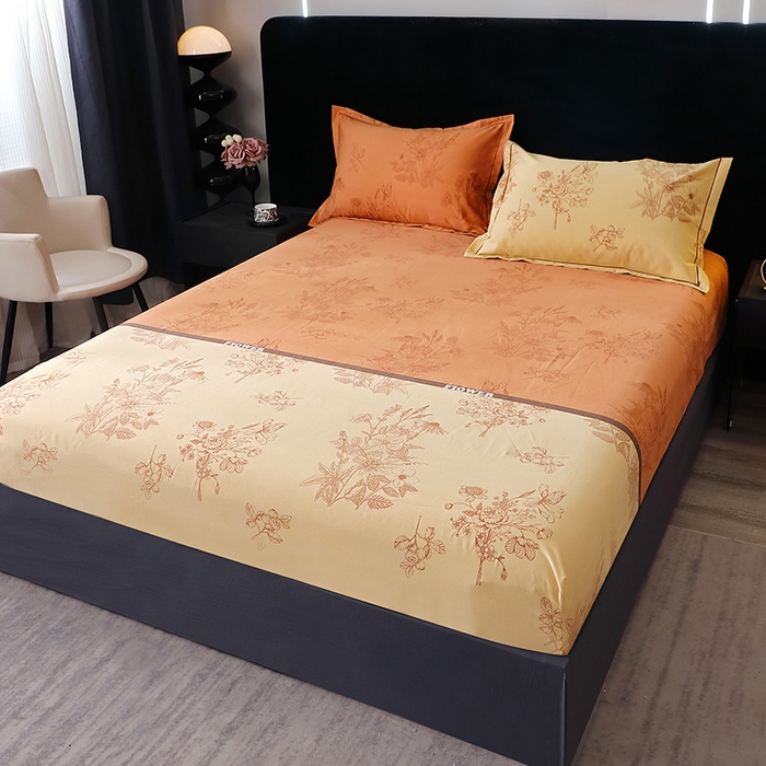 91家纺网 家纺一手货源 找家纺 贝兰仙奴 2024新款亲肤舒适全棉磨毛多规格系列单床笠 绿风铃桔