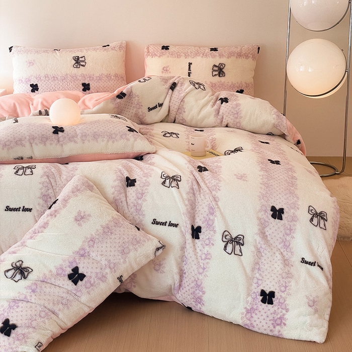 91家纺网 家纺一手货源 找家纺 安哆啦家纺 2024新款ins风高克重兔毛绒四件套 蕾丝蝴蝶结