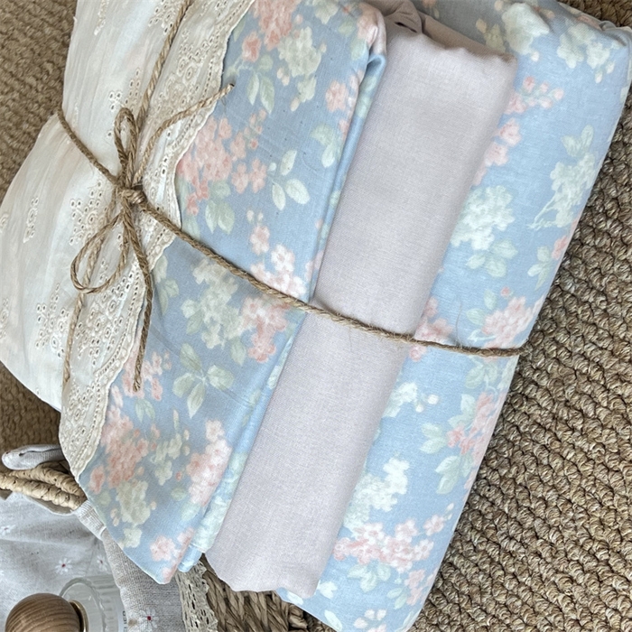 91家纺网 家纺一手货源 找家纺 2024新款全棉印花双层纱四件套--蕾丝花边款繁园-蓝