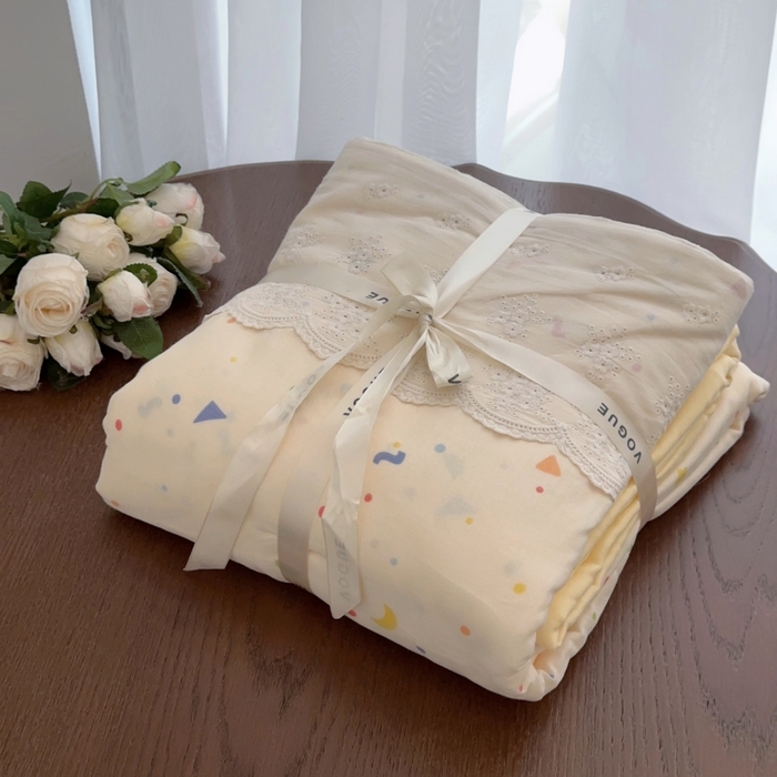 91家纺网 家纺一手货源 找家纺 黛馨 2025新款全棉双层纱贴边款四件套 奶油派-单边款