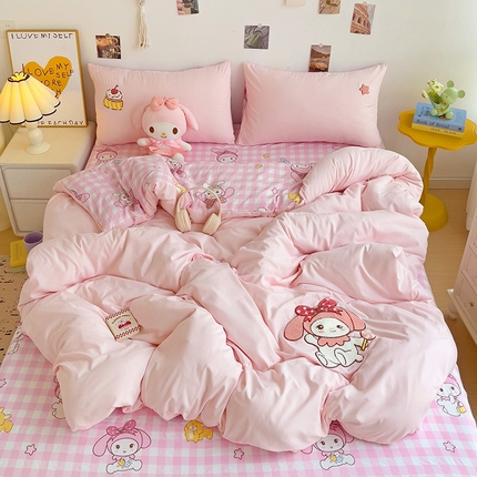 91家纺网 家纺一手货源 找家纺 一霖家纺 2024新款高克重云朵棉毛巾绣印＋绣小清新系列四件套 花田小兔