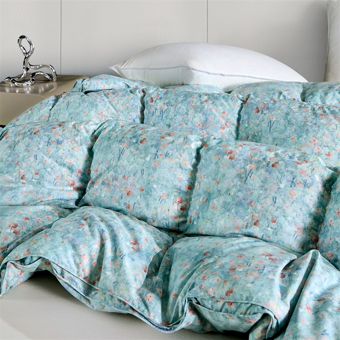 91家纺网 家纺一手货源 找家纺 静若居羽绒被壳 2024羽绒被壳印花糯棉静音软糯面料羽绒被壳厂家直销 小碎花清新绿