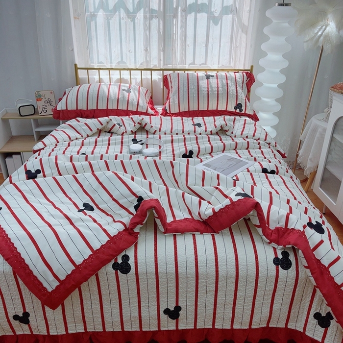 91家纺网 家纺一手货源 找家纺 暖居 2024新款春秋被床盖四件套高温砂洗棉花床盖三件套 酒红米奇