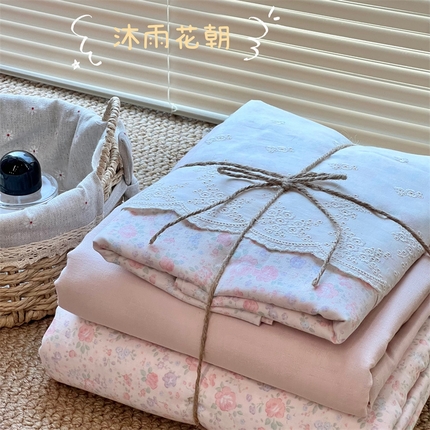 91家纺网 家纺一手货源 找家纺 （总）2024新款全棉印花双层纱四件套--蕾丝花边款