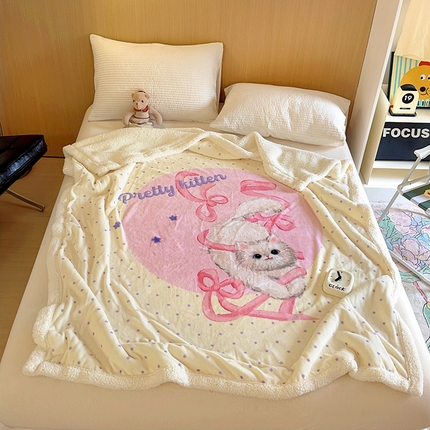 91家纺网 家纺一手货源 找家纺 山茶家纺 2024新款多功能羊羔绒双层大版牛奶绒盖毯 盖毯-布偶小猫