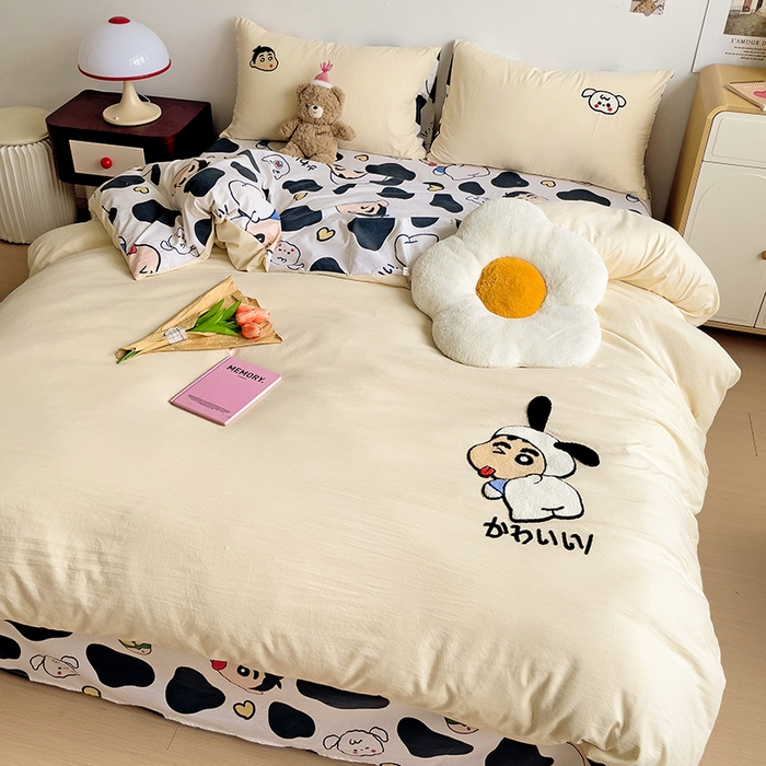 91家纺网 家纺一手货源 找家纺 一霖家纺 2024新款高克重云朵棉毛巾绣印＋绣小清新系列四件套 蜡笔新新