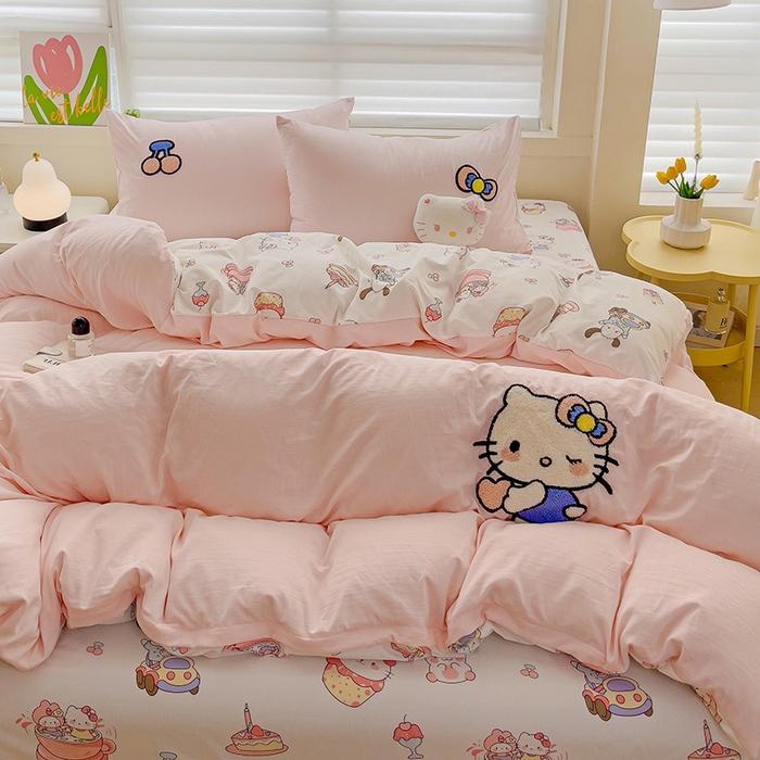 91家纺网 家纺一手货源 找家纺 一霖家纺 2024新款高克重云朵棉毛巾绣印＋绣小清新系列四件套 蛋糕小猫