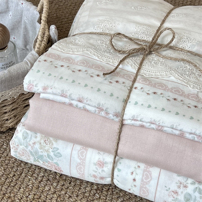 91家纺网 家纺一手货源 找家纺 2024新款全棉印花双层纱四件套--蕾丝花边款凡尔赛