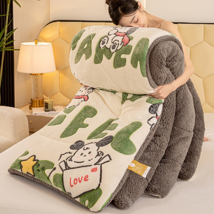 91家纺网 家纺一手货源 找家纺 2025新款直播雪花绒冬被法莱绒羊羔绒牛奶绒被子被芯 字母小狗