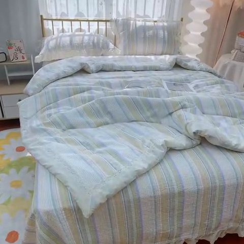 91家纺网 家纺一手货源 找家纺 暖居 2024新款春秋被床盖四件套高温砂洗棉花床盖三件套 条纹黄
