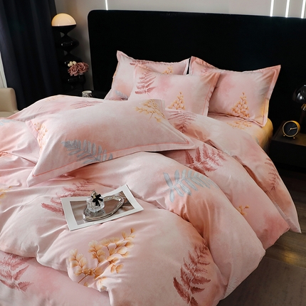 晶缦家纺 2024新款叶语系纯棉全棉生态磨毛多规格四件套 花羽庭粉