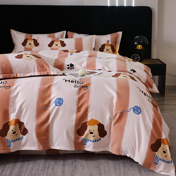 91家纺网 家纺一手货源 找家纺 晶缦家纺 2024新款叶语系纯棉全棉生态磨毛多规格四件套 欢乐狗粉