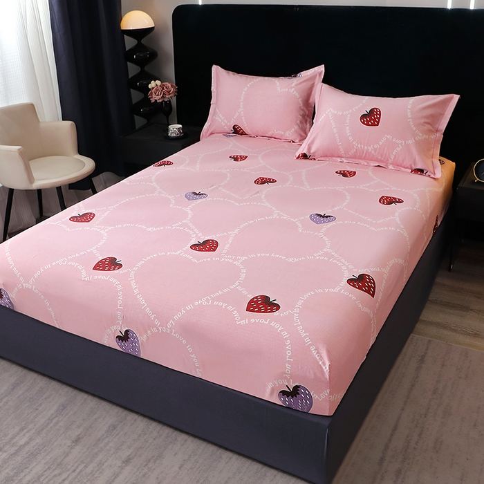 91家纺网 家纺一手货源 找家纺 晶缦家纺 2024新款叶语系纯棉全棉生态磨毛多规格单床笠 炫动草莓粉