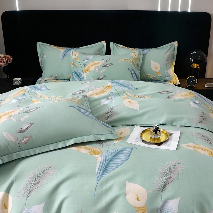 91家纺网 家纺一手货源 找家纺 晶缦家纺 2024新款叶语系纯棉全棉生态磨毛多规格四件套 云瑶蓝