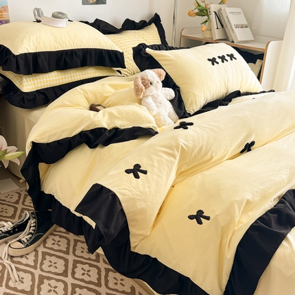 91家纺网 家纺一手货源 找家纺 （总）子钦家纺 2024新款水洗棉云朵棉韩版花边毛巾绣床单床笠床裙四件套-蝴蝶结系列