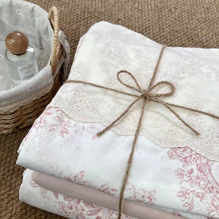 91家纺网 家纺一手货源 找家纺 2024新款全棉印花双层纱四件套--蕾丝花边款 真我